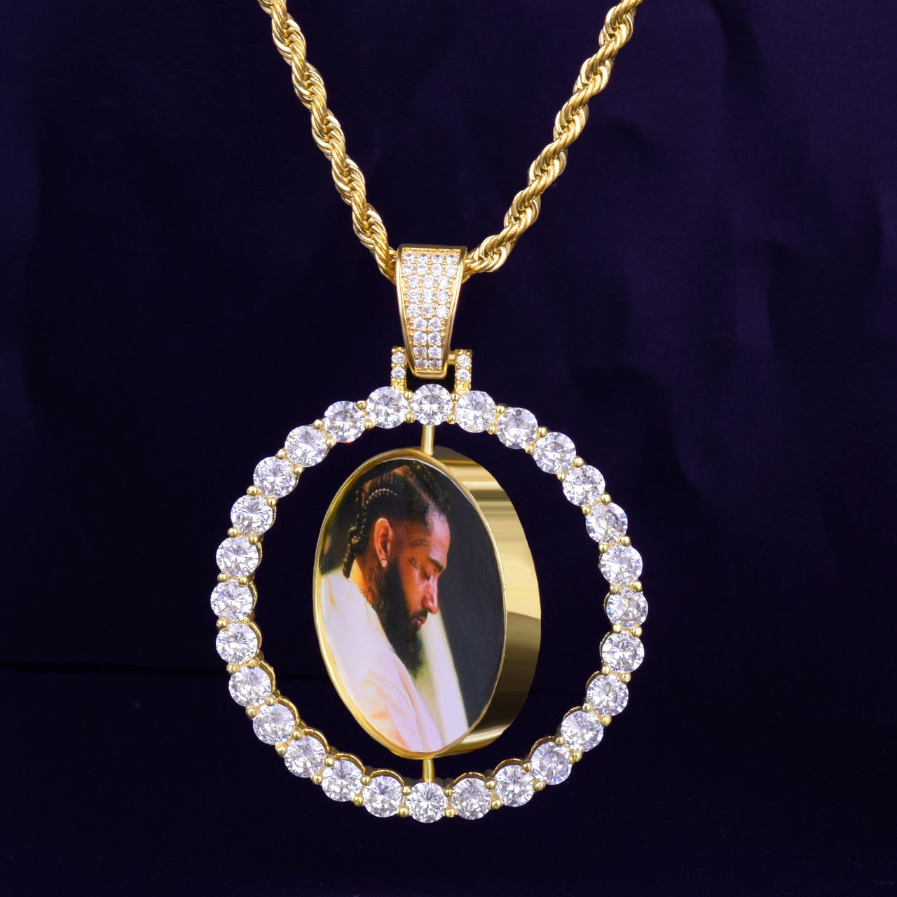 Iced Illumination | Custom Made Cluster Stone Rotating Double-Sided Photo Pendant
