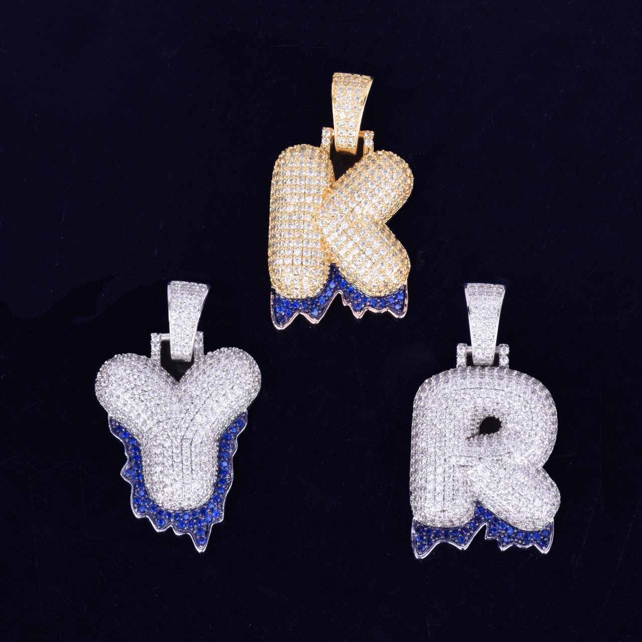 Blue Water Drip 24k Gold .925 Silver Initial Pendants