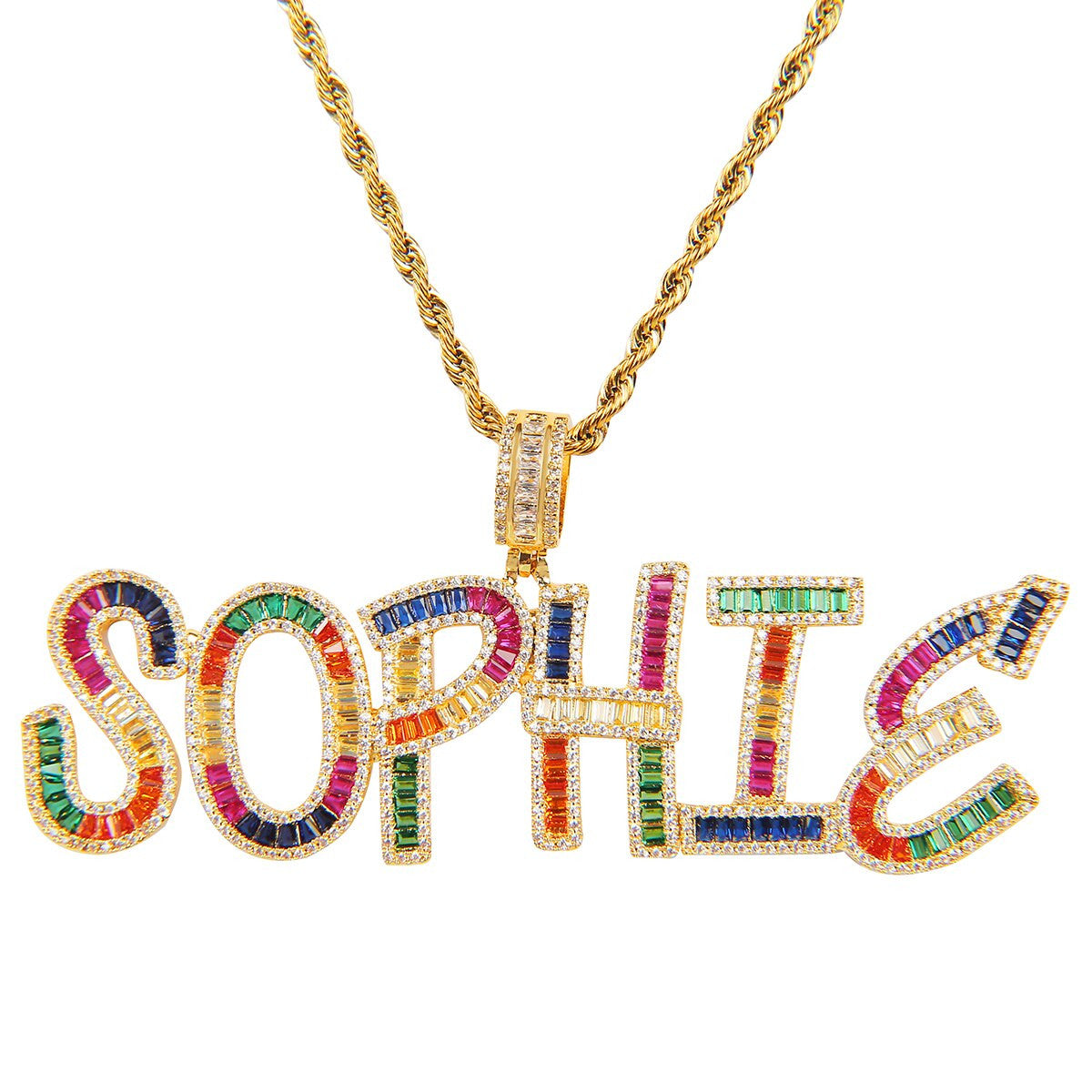 Flooded Ice Candy Colored Baguette Custom Name Plate Hip Hop Pendant Chain Necklace