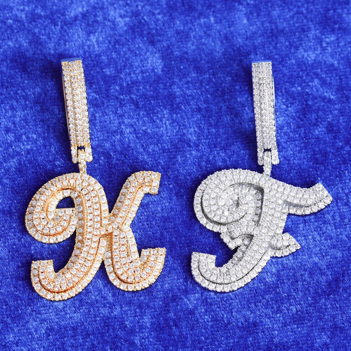 24k Yellow Gold 925 Silver 3A True Micro Pave Print Initial Letters Bling Pendants