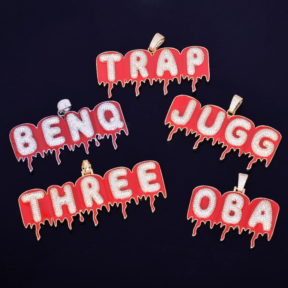 18k Gold Red Oil AAA Micro Pave Custom Bubble Letter Pendant