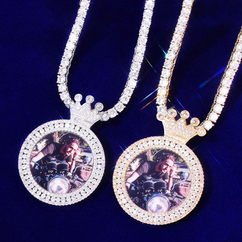 Customized Kings Crown Photo Picture AAA True Micro Pave 18k Gold 925 Silver Pendant Necklace