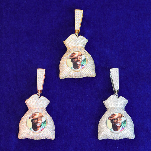 Custom Photo White Yellow Rose Gold Money Bag Flooded Ice Pendant Chain Necklace
