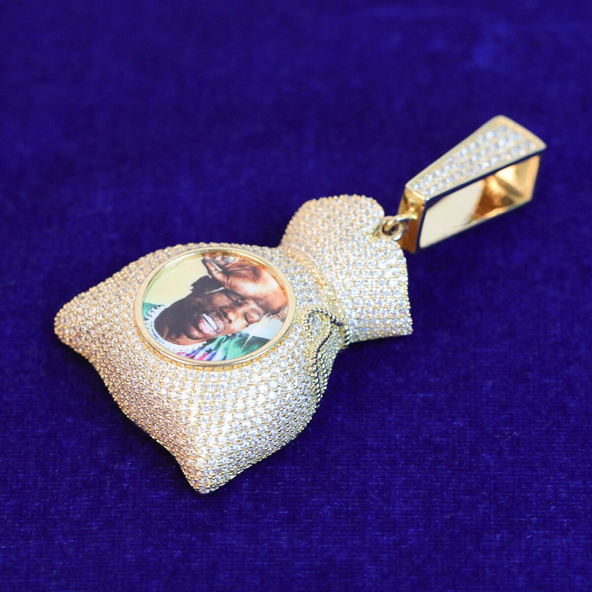 Custom Photo White Yellow Rose Gold Money Bag Flooded Ice Pendant Chain Necklace