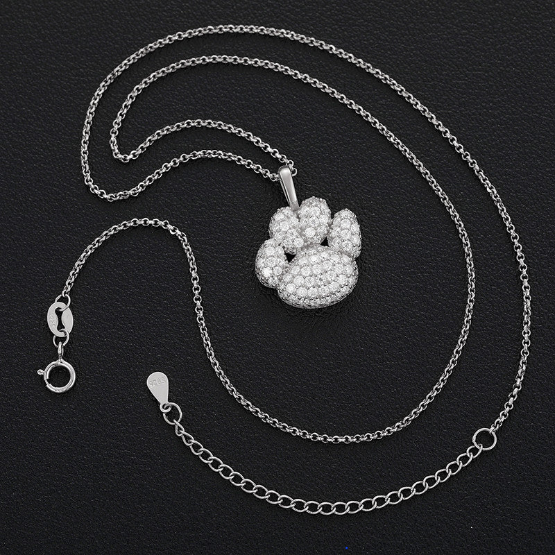 Genuine Diamond Paw Print Solid Sterling Silver Hip Hop Pendant Chain Necklace
