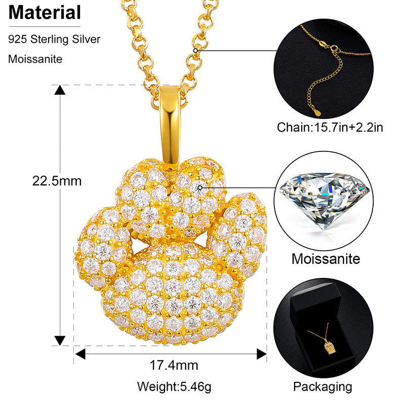 Genuine Diamond Paw Print Solid Sterling Silver Hip Hop Pendant Chain Necklace