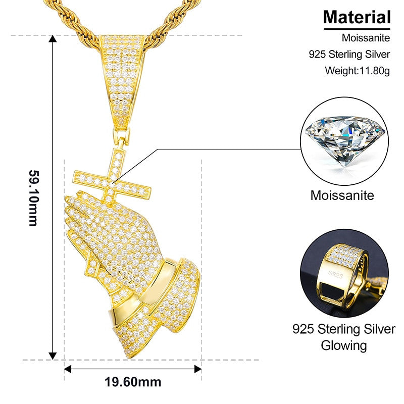 Mens Flooded Ice Solid 925 Silver Genuine Lab Diamond Prayer Hand Cross Pendant