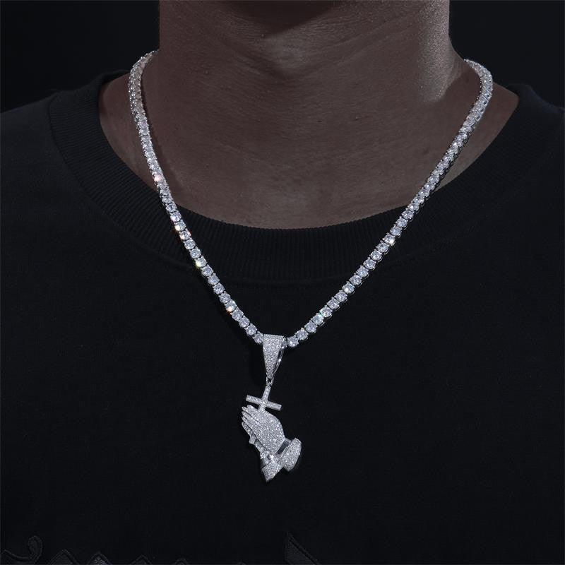 Mens Flooded Ice Solid 925 Silver Genuine Lab Diamond Prayer Hand Cross Pendant