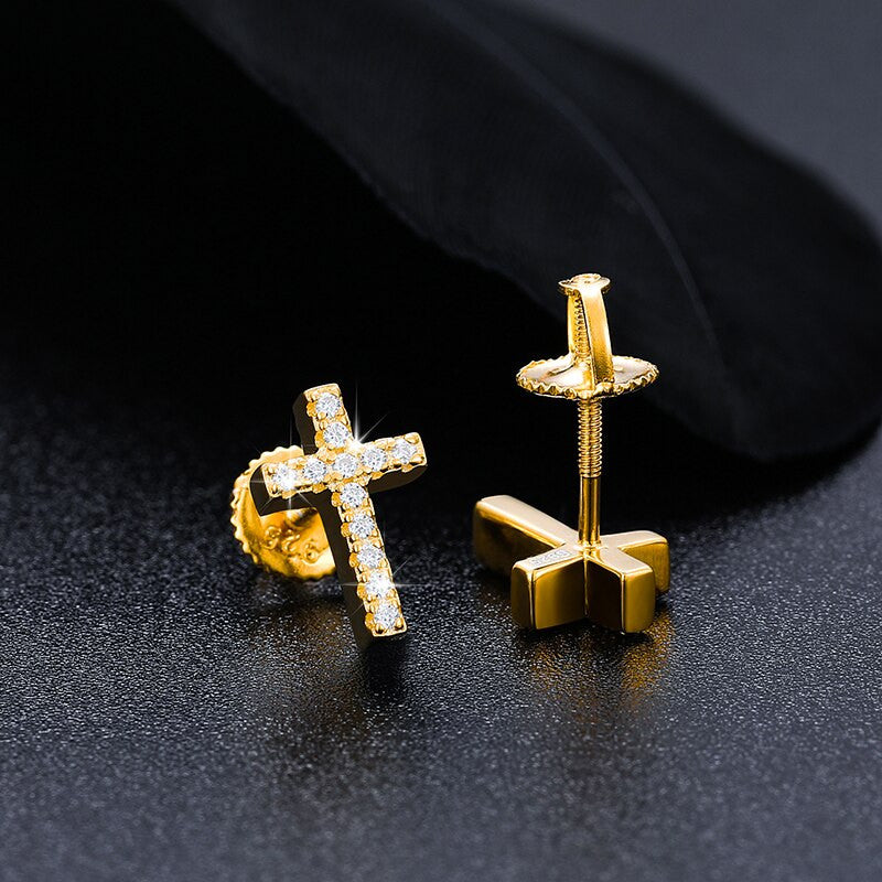 Solid 925 Sterling Silver Genuine VVS Diamond Iced Cross Hip Hop Earrings