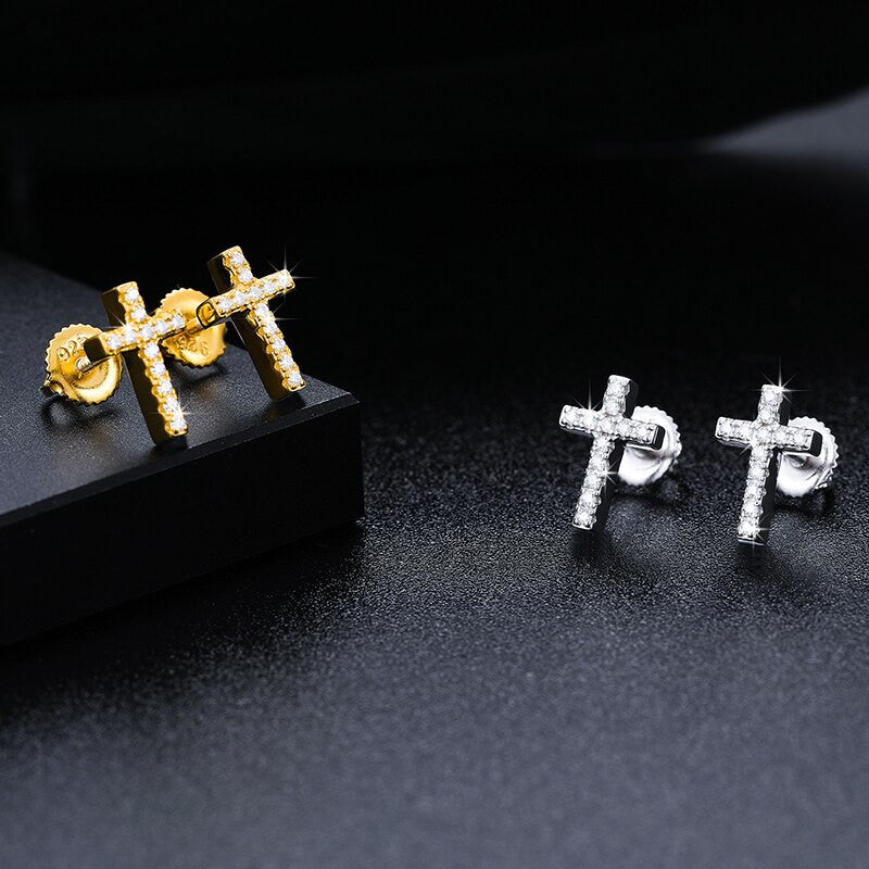 Solid 925 Sterling Silver Genuine VVS Diamond Iced Cross Hip Hop Earrings