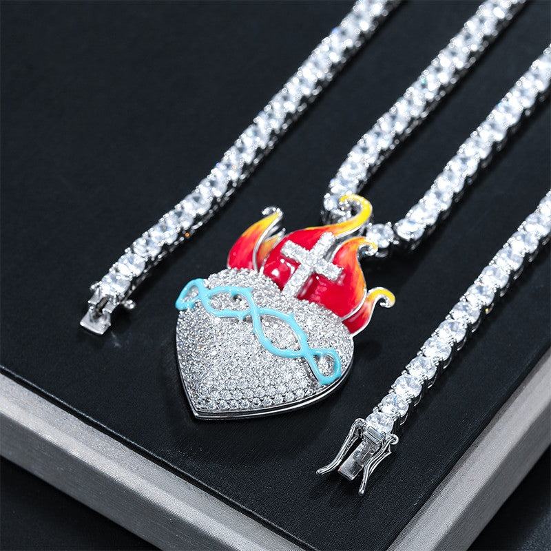 Heart Of Fire | Moissanite Diamond Cross Flame Glow In The Dark Silver Pendant