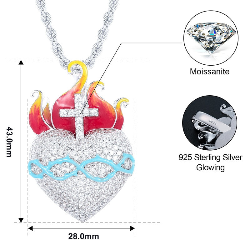 Heart Of Fire | Moissanite Diamond Cross Flame Glow In The Dark Silver Pendant