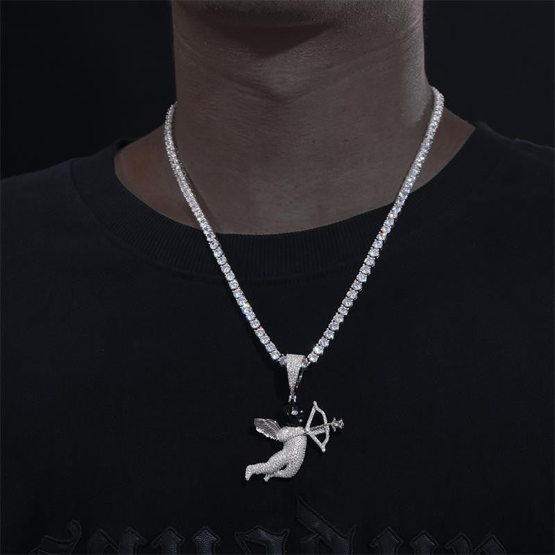 Solid 925 Silver Masked Love Cupid Genuine VVS Diamond Hip Hop Pendant Chain Necklace