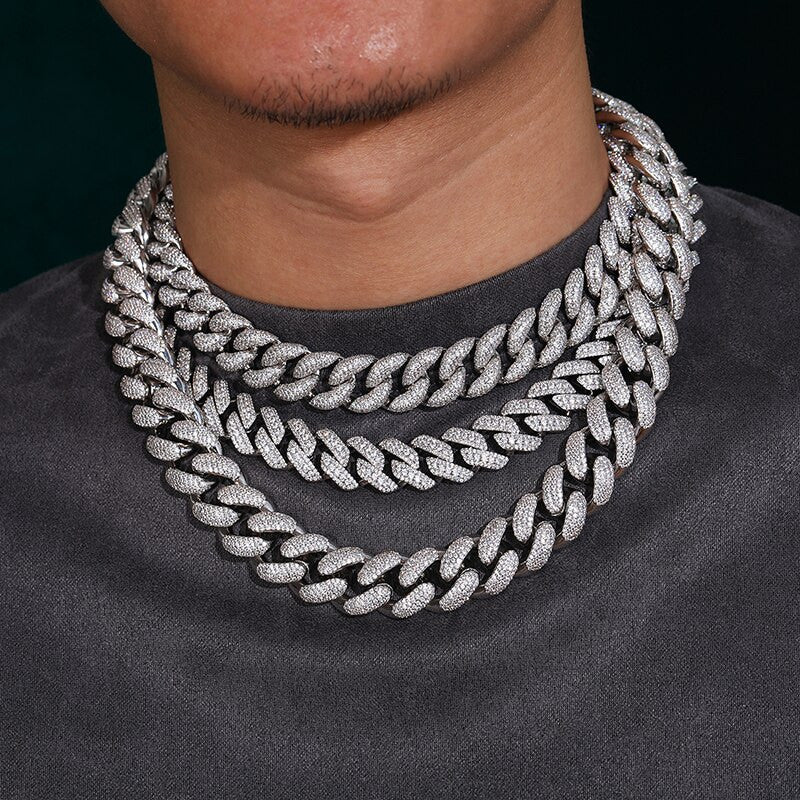Mens Flooded Iced VVS Diamond 925 Sterling Silver Miami Cuban Link Hip Hop Chains