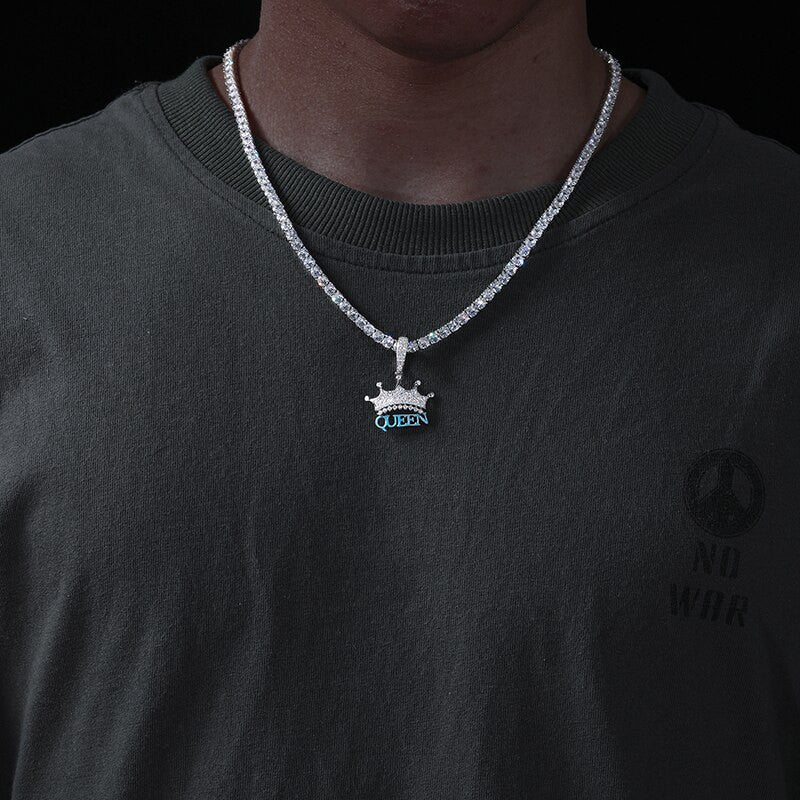 Genuine VVS Diamond Solid 925 Sterling Silver Queen Iced Hip Hop Necklace