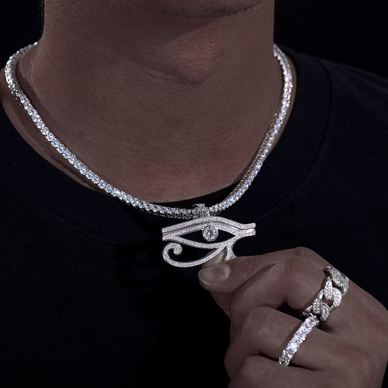 Mens Genuine VVS Lab Diamond Ancient African Eye Of Horus Hip Hop Chain Solid Silver Pendant