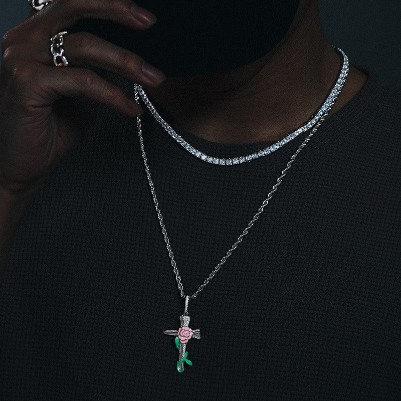 Spiritual Jesus Nail Cross Genuine VVS Diamond Solid Sterling Silver Glowing Rose Chain Necklace