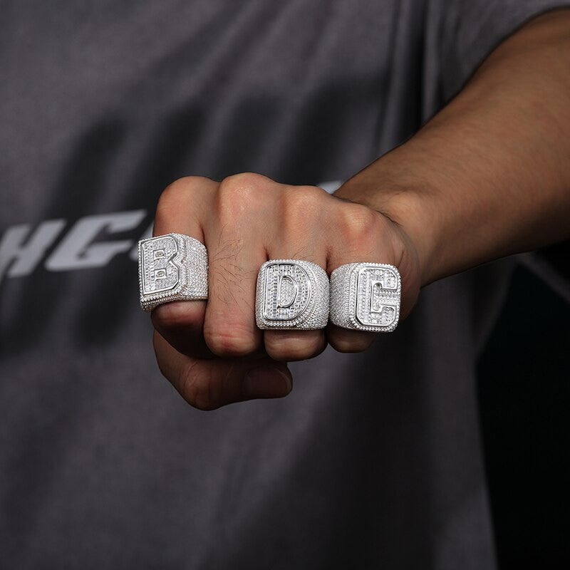 Genuine VVS Diamond Baguette Solid 925 Silver Initial Letter Hip Hop Rings