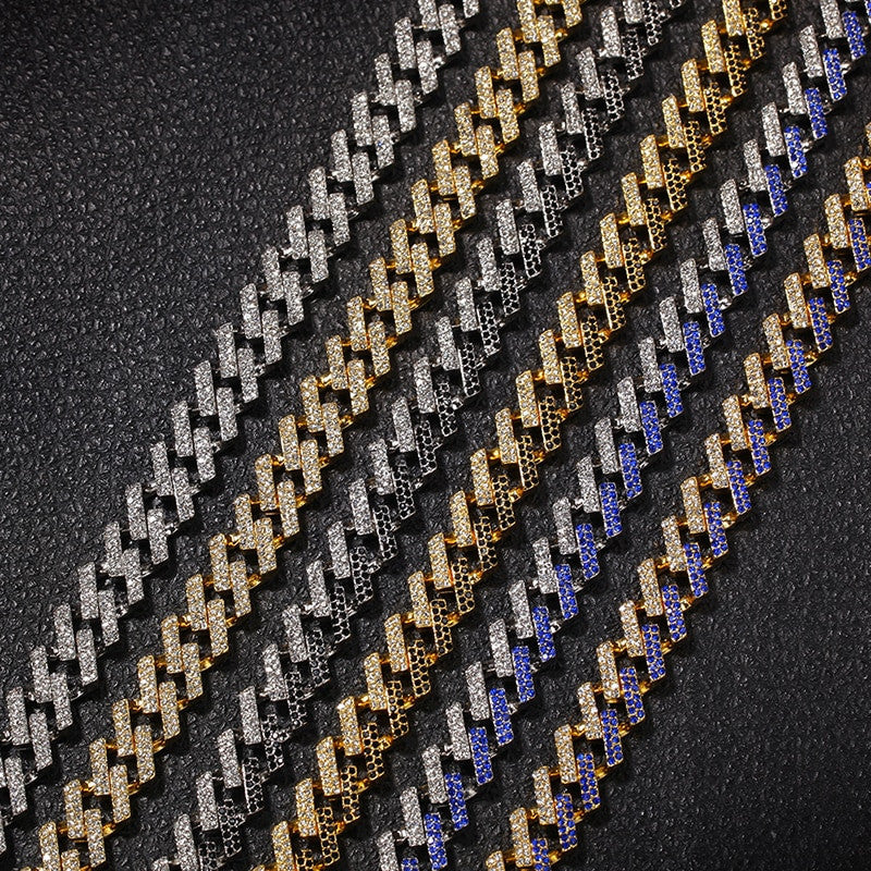 15mm Hip Hop AAA Cluster Colored Stone Cuban Link Iced Chain Bracelet Jewelry Set