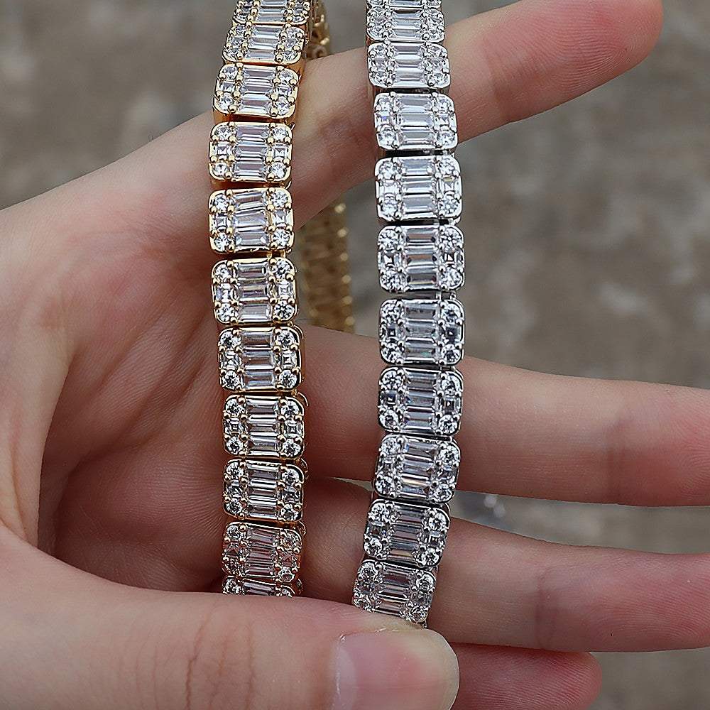 18k Gold .925 Silver Square Baguette Flooded Ice Cluster Chain Necklace