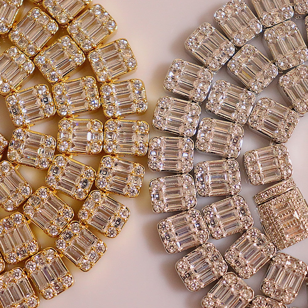 18k Gold .925 Silver Square Baguette Flooded Ice Cluster Chain Necklace