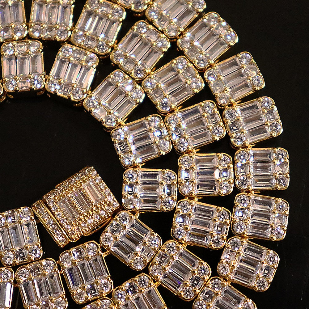 18k Gold .925 Silver Square Baguette Flooded Ice Cluster Chain Necklace
