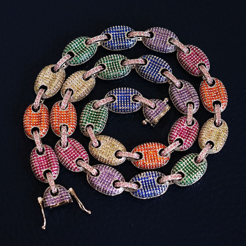 18k Gold .925 Silver 12mm Mixed Color AAA Micro Pave Marina G-Link Hip Hop Chain Necklace