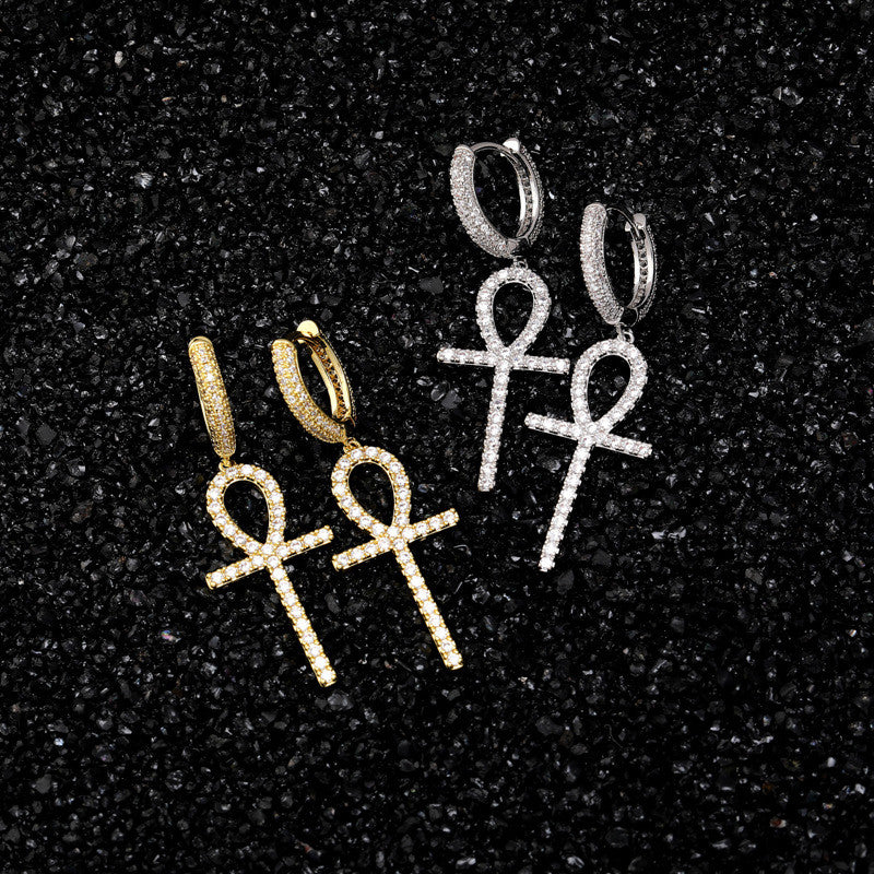 True Micro Pave Huggie 18k Gold Silver Dangling Ankh Cross Hip Hop Iced AAA Earrings
