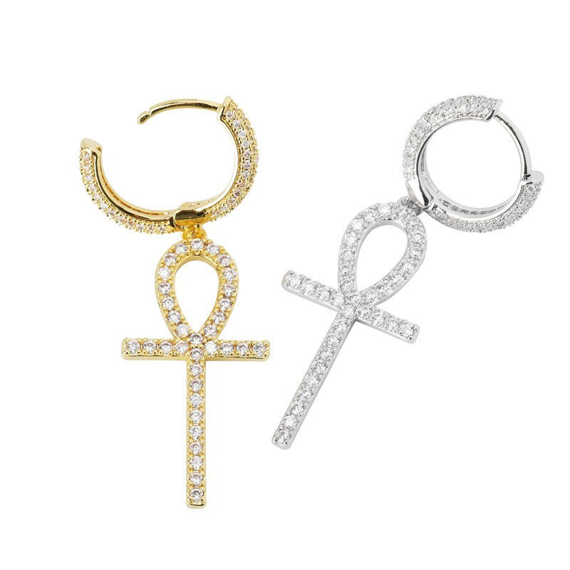 True Micro Pave Huggie 18k Gold Silver Dangling Ankh Cross Hip Hop Iced AAA Earrings