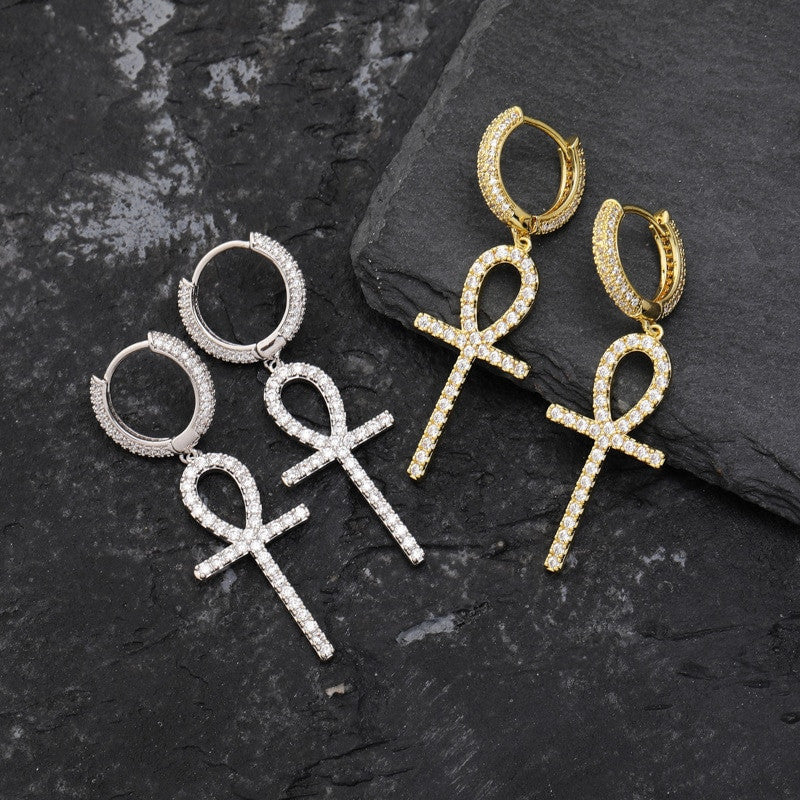 True Micro Pave Huggie 18k Gold Silver Dangling Ankh Cross Hip Hop Iced AAA Earrings