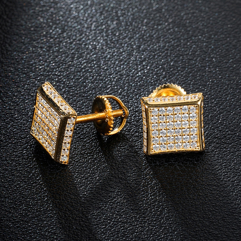 14k Gold 925 Silver Hip Hop Full AAA Micro Paved Squared Corner Bling Earrings