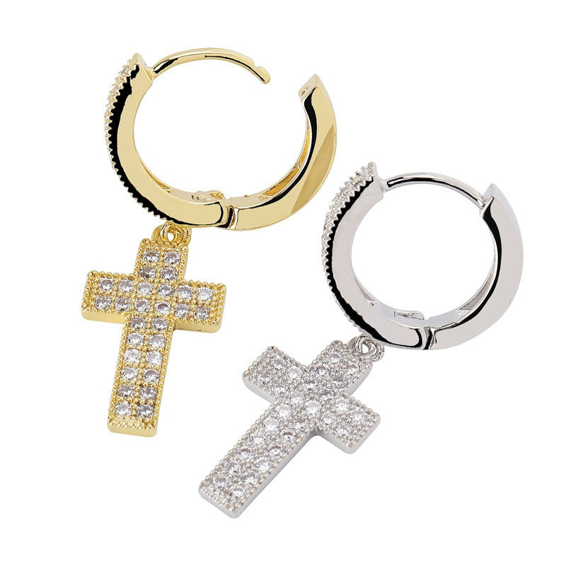 Retro Huggie | VVS Diamond CZ Dangle Cross 80's Style Hip Hop 4 Prong Set Earrings