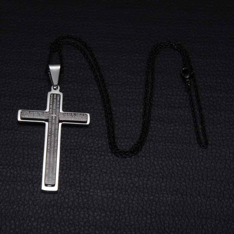 Stainless Steel Spanish Prayer Bible Scripture Double Layer Stainless Steel Jesus Cross Pendant
