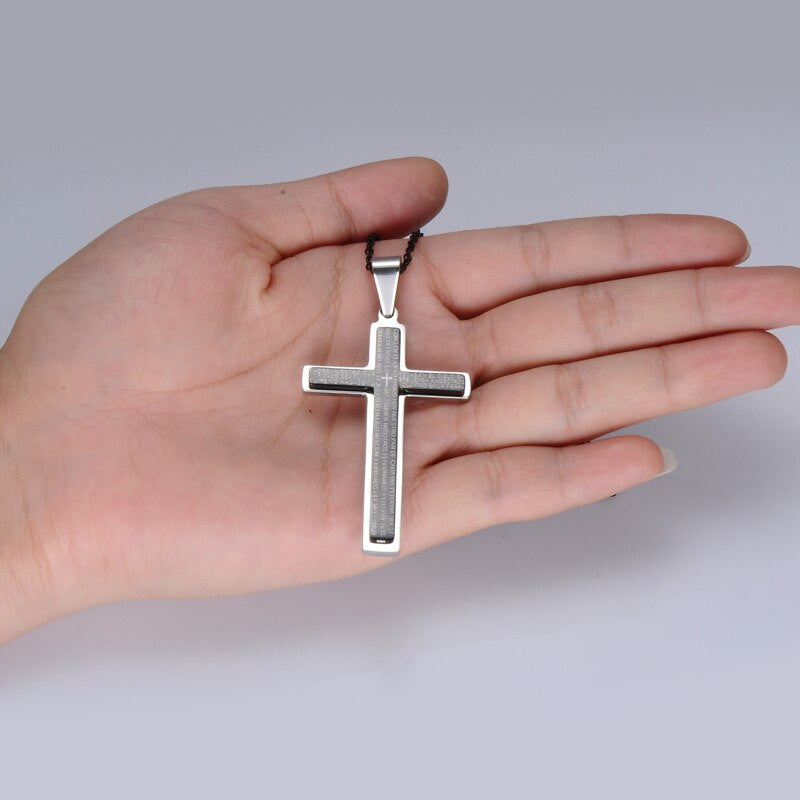 Stainless Steel Spanish Prayer Bible Scripture Double Layer Stainless Steel Jesus Cross Pendant