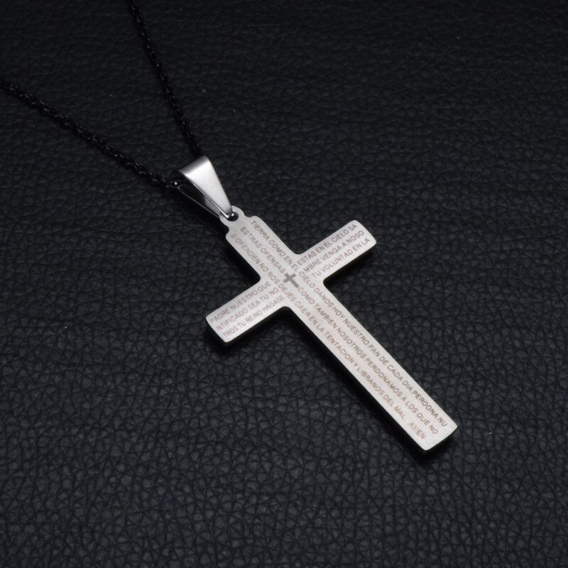 Stainless Steel Spanish Prayer Bible Scripture Double Layer Stainless Steel Jesus Cross Pendant