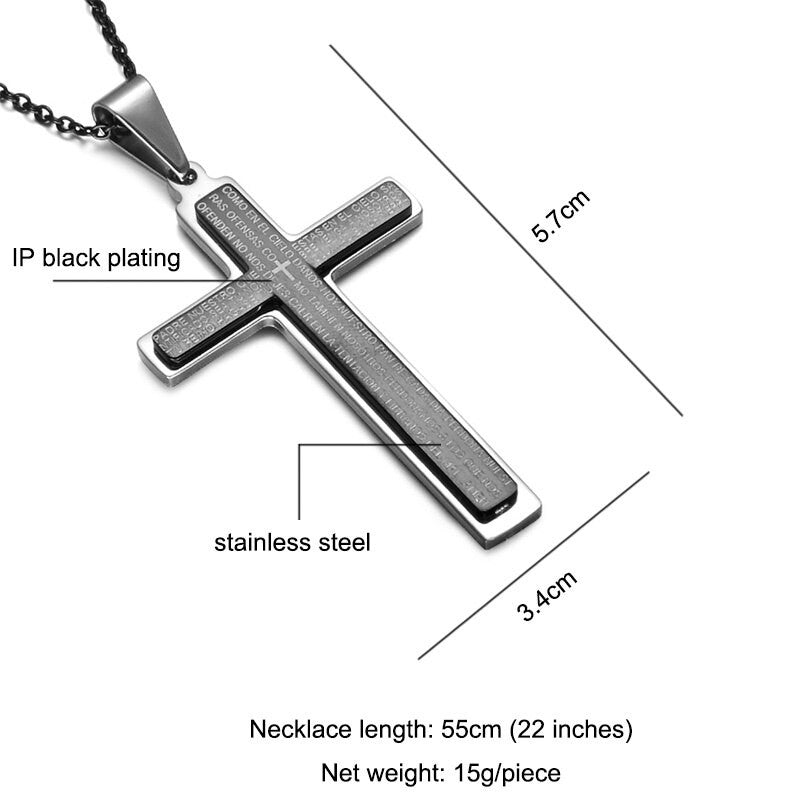 Stainless Steel Spanish Prayer Bible Scripture Double Layer Stainless Steel Jesus Cross Pendant