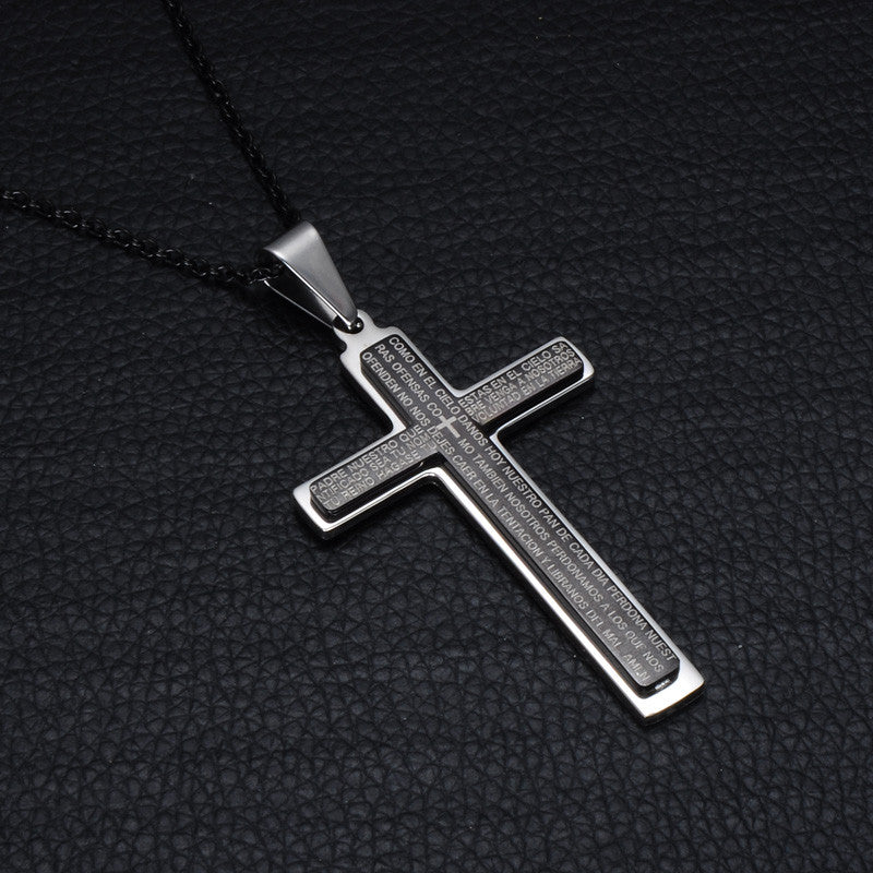 Stainless Steel Spanish Prayer Bible Scripture Double Layer Stainless Steel Jesus Cross Pendant