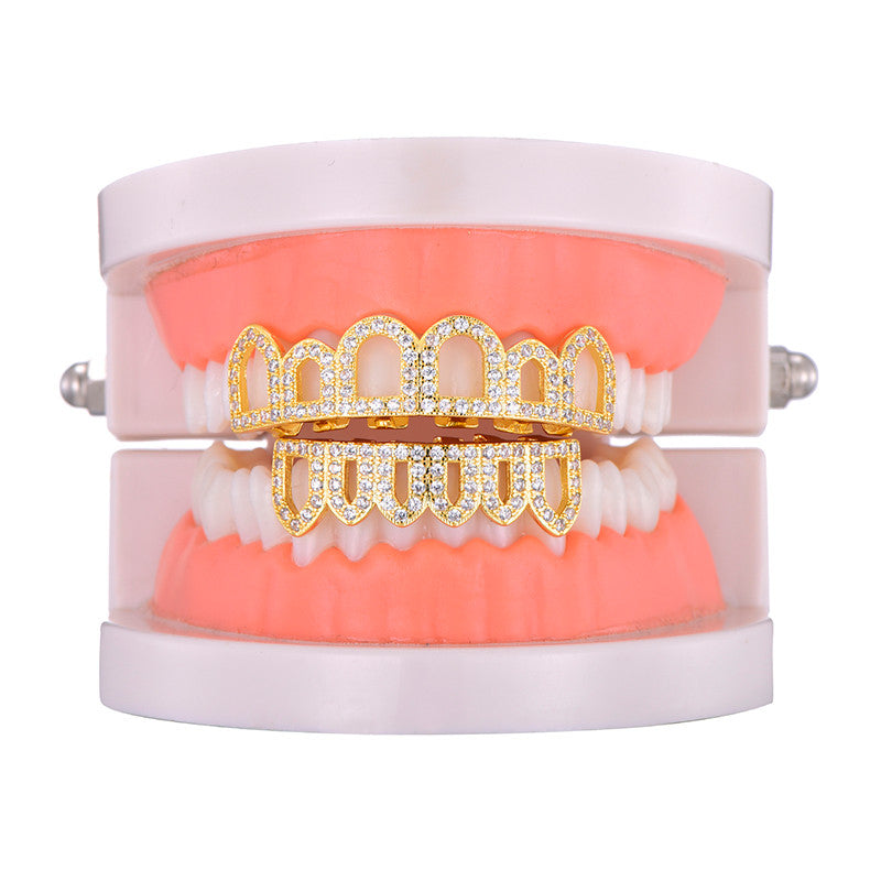 Open Face Simulated Diamond Top Bottom 14k Gold Grillz Set Teeth