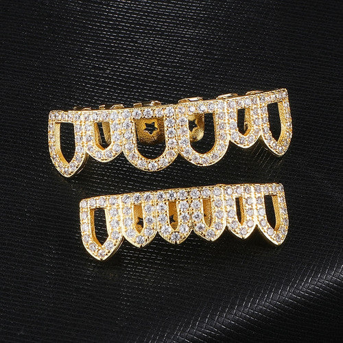 Open Face Simulated Diamond Top Bottom 14k Gold Grillz Set Teeth
