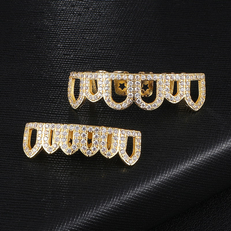 Open Face Simulated Diamond Top Bottom 14k Gold Grillz Set Teeth