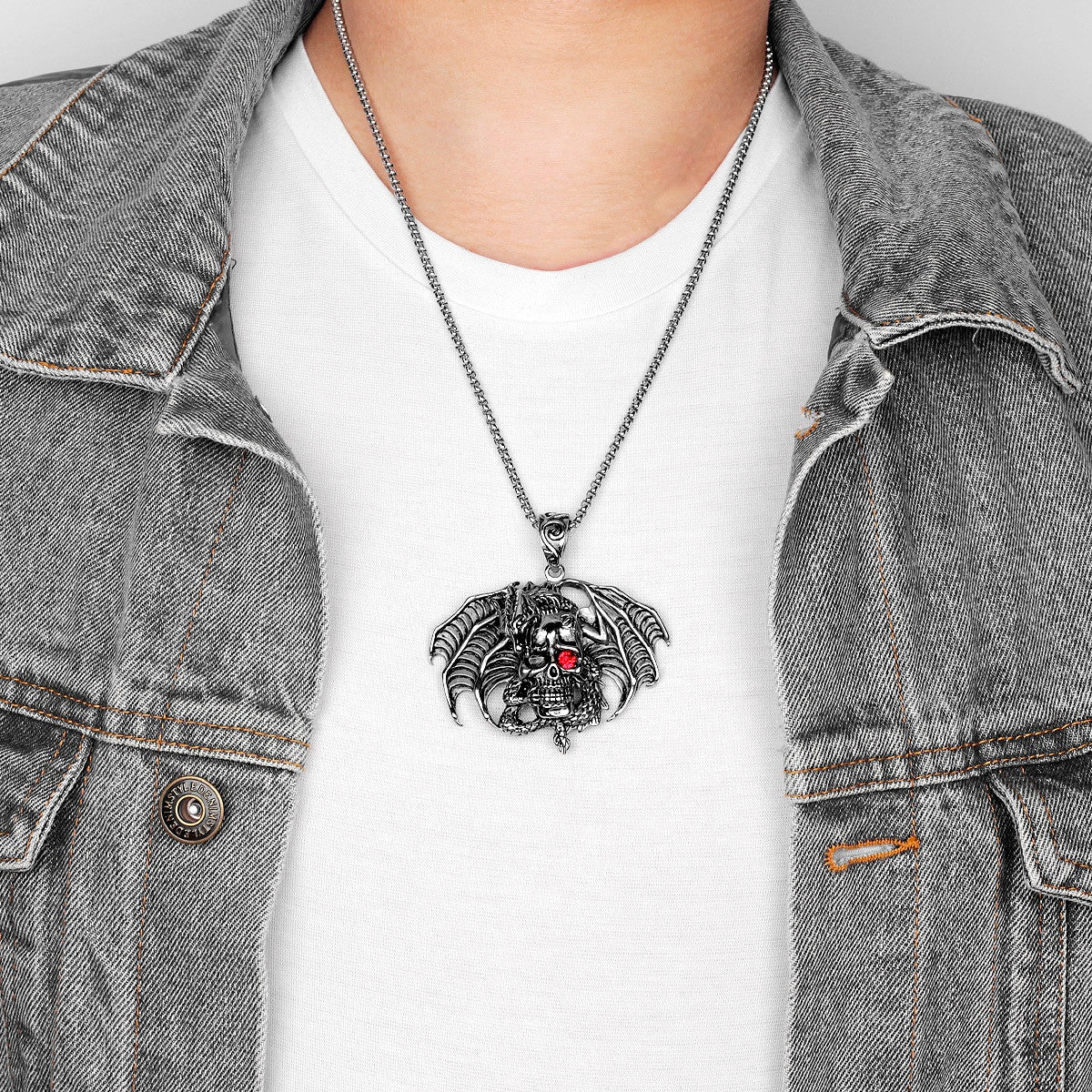 Mens No Fade Stainless Steel Demon King Dragon Skull Pendant Chain Necklaces