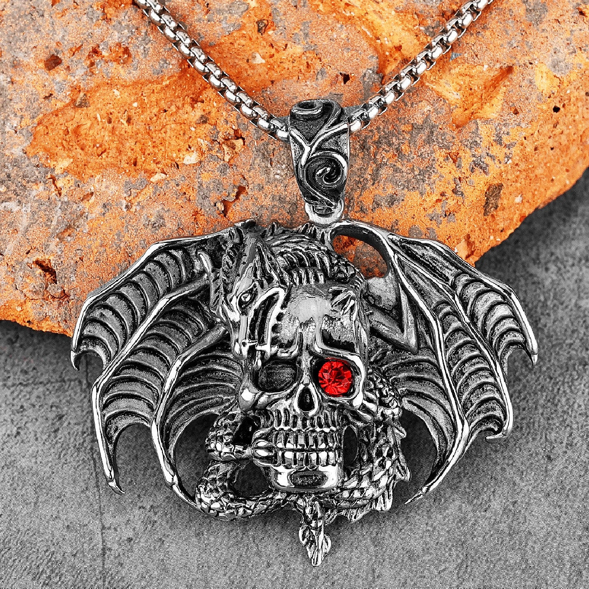 Mens No Fade Stainless Steel Demon King Dragon Skull Pendant Chain Necklaces