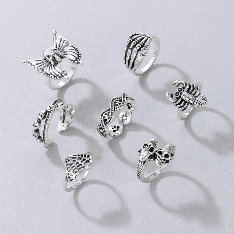 Ladies 7pcs Vintage Look Silver Web Scorpion Skull Butterfly Ring Set