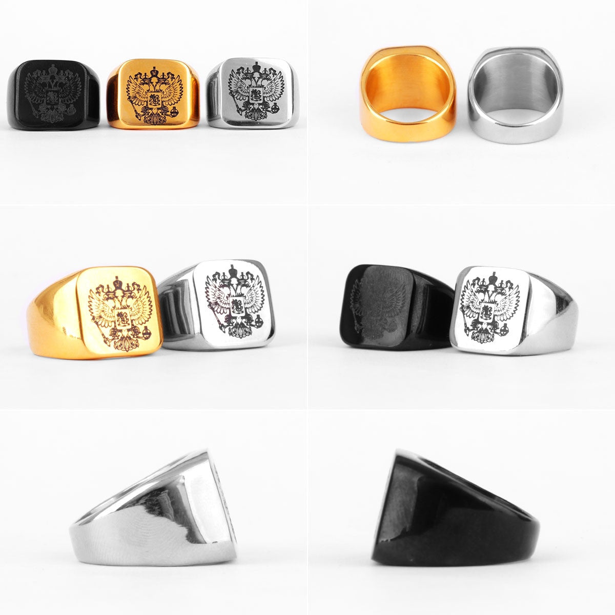 Mens 14k Gold Silver Black Stainless Steel National Emblem Street Wear Rings
