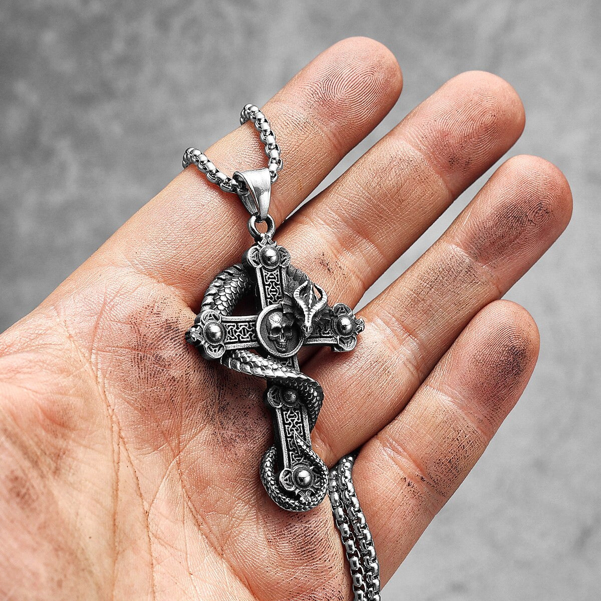 Mens Ancient Skull Head Dragon Cross Street Wear Pendant Chain Necklace