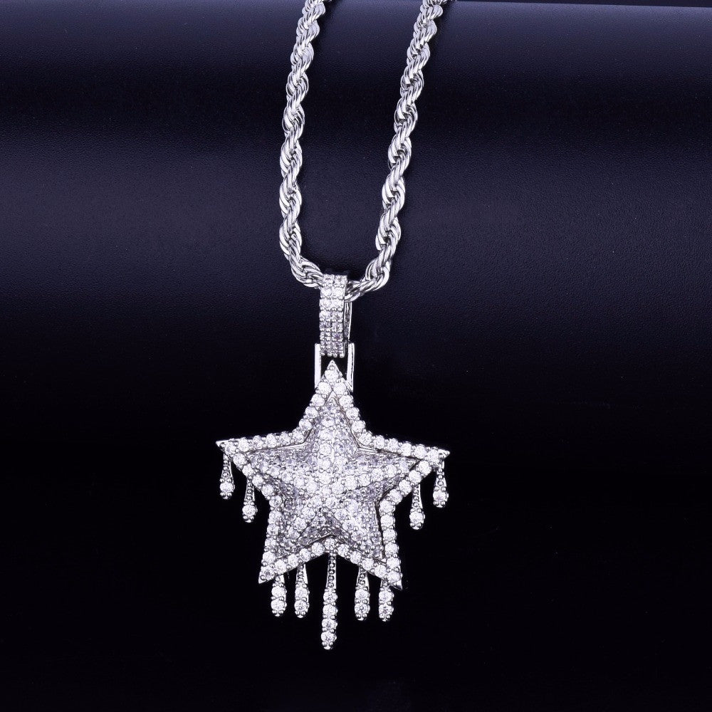 Drip Drop 18k Gold .925 Silver Super Star Flooded Ice Pendant Chain Necklace
