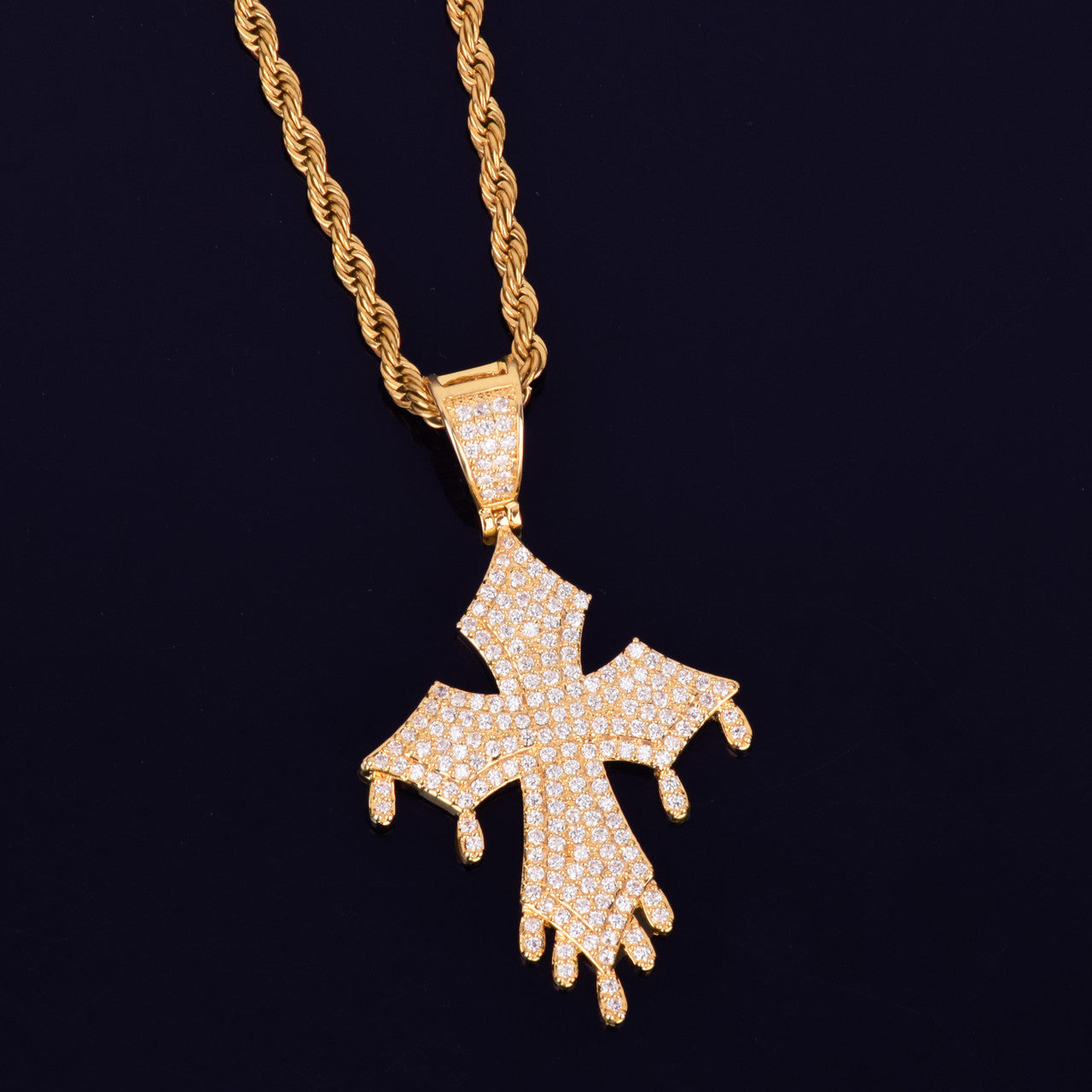 AAA True Micro Pave 18k Gold .925 Silver Rose Gold Drip Drop Cross Hip Hop Pendant Chain Necklace