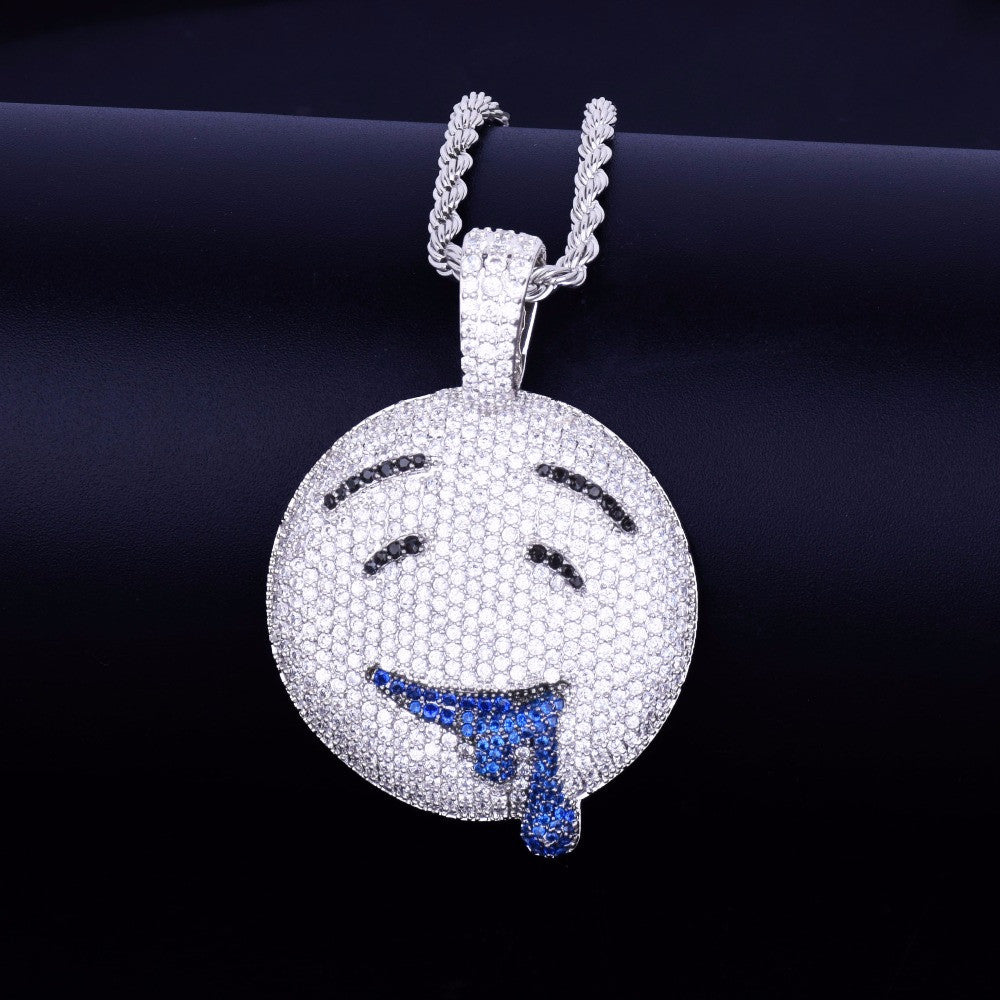 18k Gold .925 Silver Micro Pave Drool Over You Flooded Ice Emoji Pendant Chain Necklace