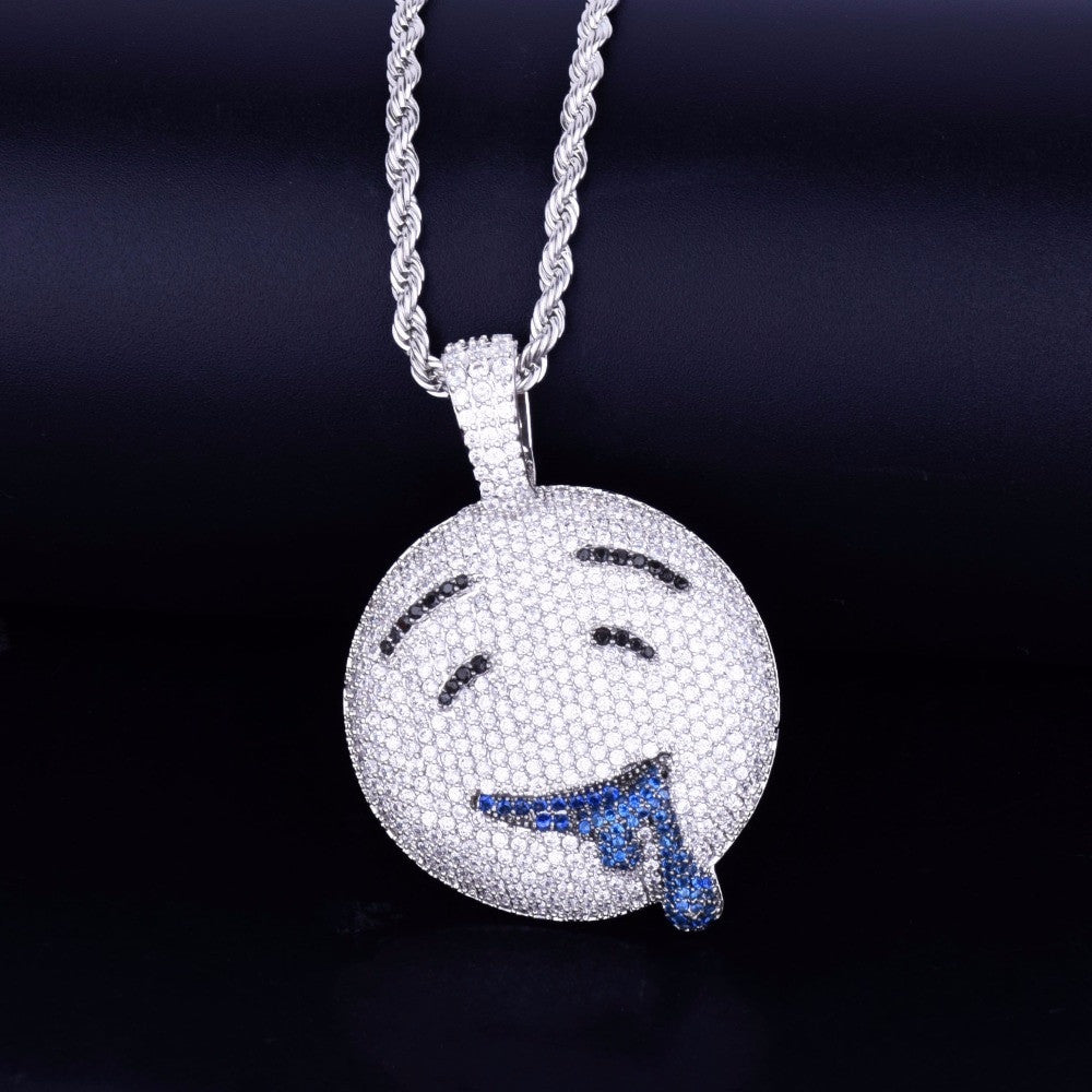 18k Gold .925 Silver Micro Pave Drool Over You Flooded Ice Emoji Pendant Chain Necklace