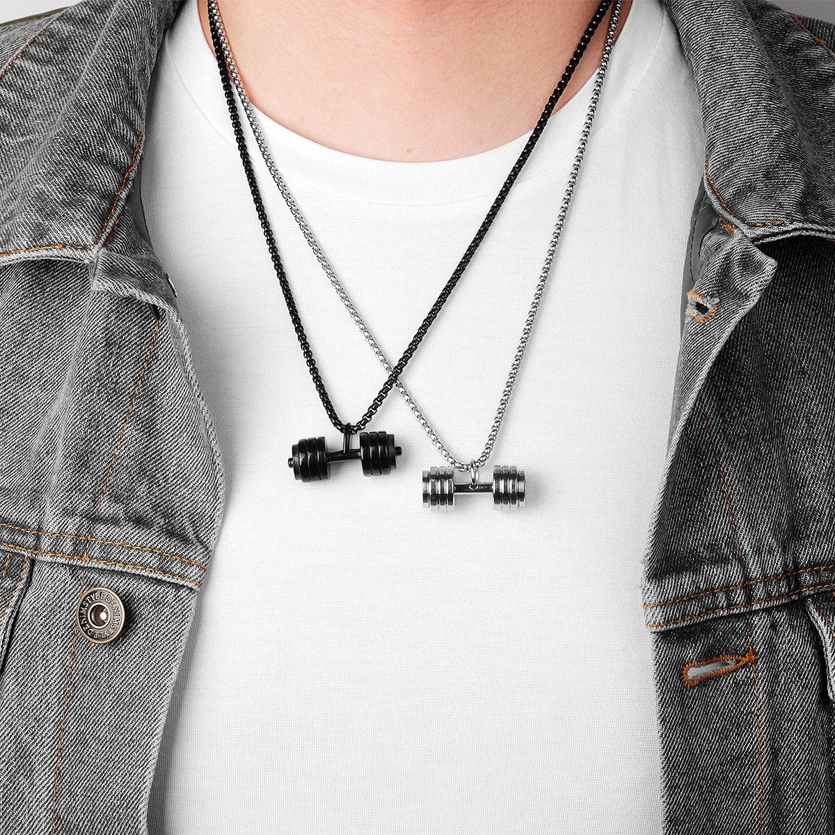 Titanium Stainless Steel No Fade Dumbbell Gold Silver Black Fitness Pendant Chain Necklace